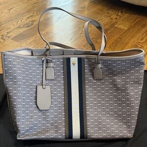 Tory Burch Tote with Beige, Cream, Navy, Green & Gold Tone Accents